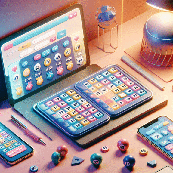 Oversiktsbilde av en moderne nettbingo-scene: fargerike bingo-kort på en skjerm, mobiltelefon og laptop ved siden av, myke lys og et vennlig, sosialt chat-vindu