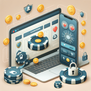 Moderne nettcasino-konsept: laptop og mobil med casino-UI, myntikon og lås for sikkerhet, nøytral bakgrunn, profesjonell stil