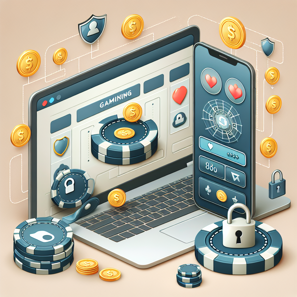 Moderne nettcasino-konsept: laptop og mobil med casino-UI, myntikon og lås for sikkerhet, nøytral bakgrunn, profesjonell stil