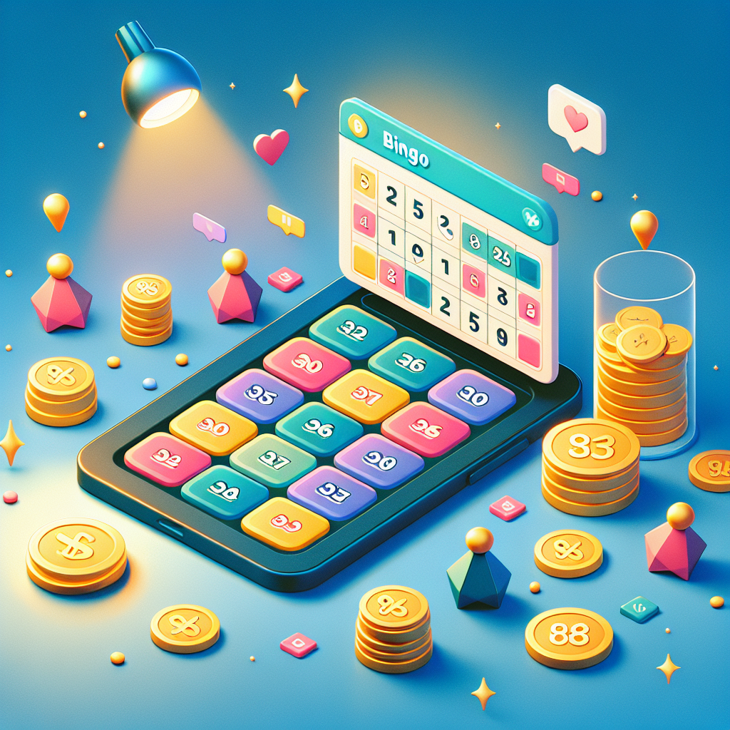 Oversiktsbilde av digital bingo: fargerike bingokort på en mobilskjerm, jetoner, myke lys og et sosialt chat-vindu i bakgrunnen, moderne og vennlig stil