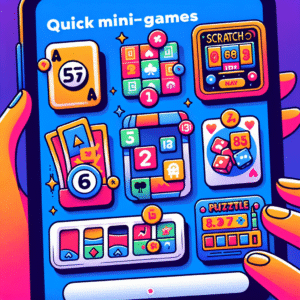 Fargerik illustrasjon av hurtige minispill på mobilskjerm: små ikoner for kortspill, skrapelodd, puzzle og mini-spilleautomat, moderne og innbydende stil