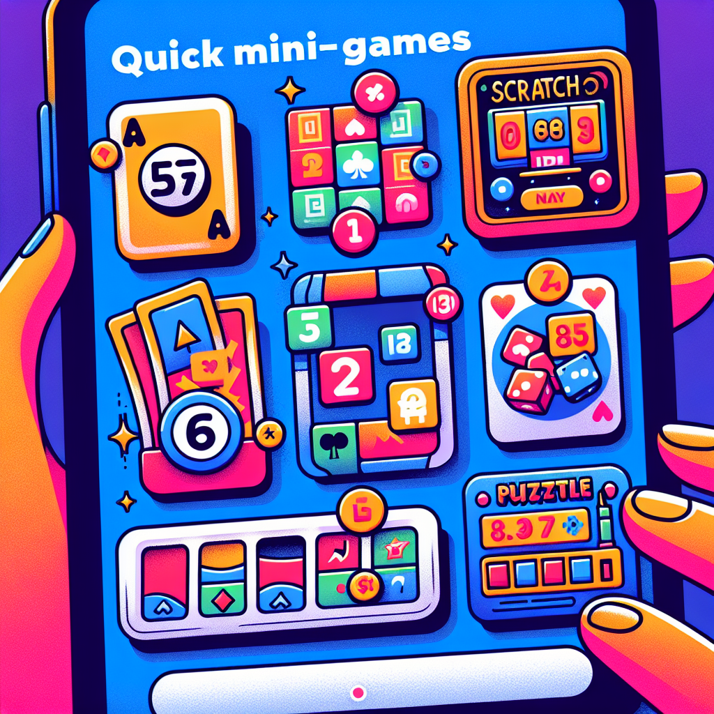 Fargerik illustrasjon av hurtige minispill på mobilskjerm: små ikoner for kortspill, skrapelodd, puzzle og mini-spilleautomat, moderne og innbydende stil