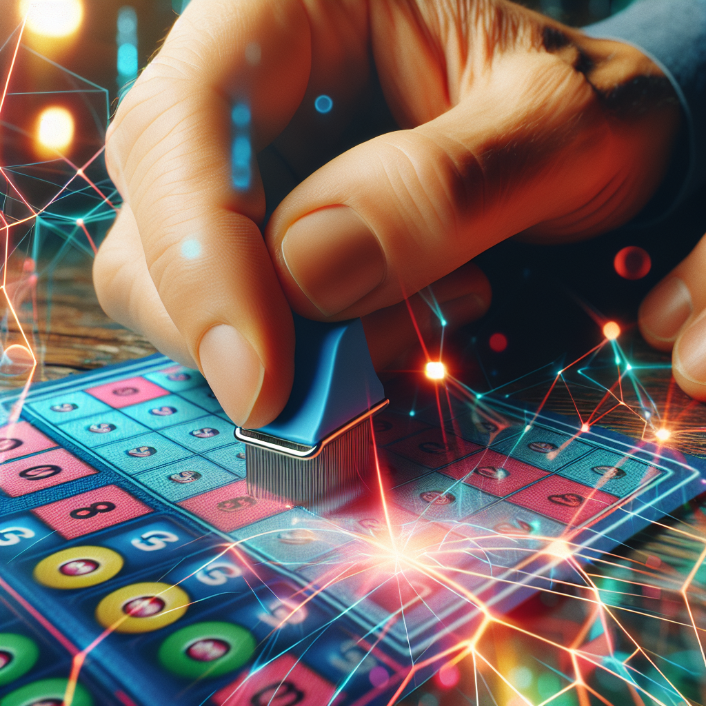 Nærbilde av et hånd som skraper et skrapelodd med lyse farger, digitalt og fysisk kombinert, moderne casino-atmosfære, rent og profesjonelt