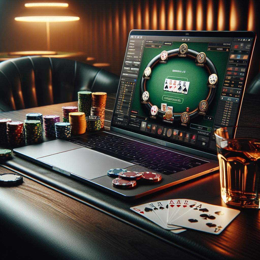 Nærbilde av en laptop med et online pokerbord på skjermen, chips og kort på et moderne bord, dempet casino-belysning, profesjonell stil