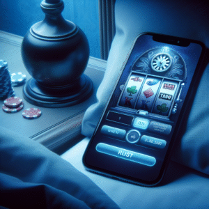 Nærbilde av en mobiltelefon som viser et nettcasino-grensesnitt på nattbordet, med myke blå toner og symboler fra klassiske spilleautomater i bakgrunnen