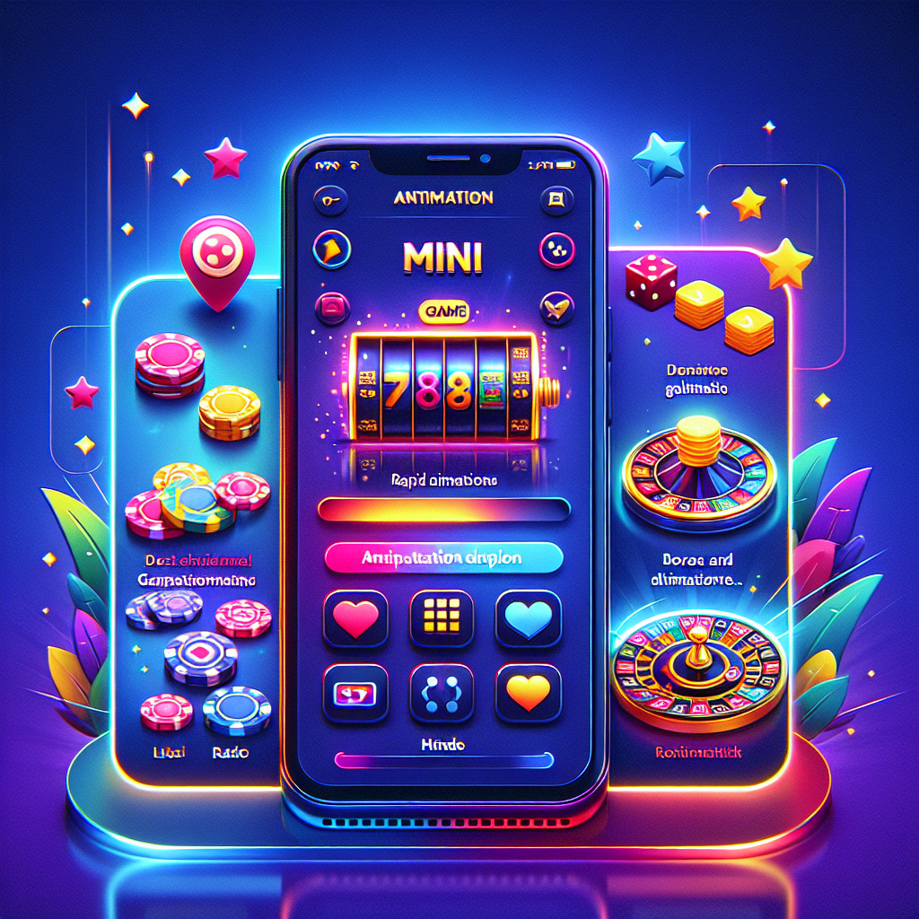 Fargerik mobilskjerm som viser flere minispill-ikoner, raske animasjoner, casinofølelse, moderne flatt design og god kontrast for mobilbruk