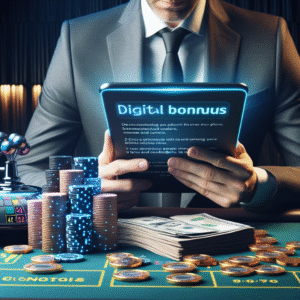 Nærbilde av et casinobord med digitale bonustiketter, myntstabler, og en spiller som leser vilkår på en nettbrett, moderne og profesjonell stil