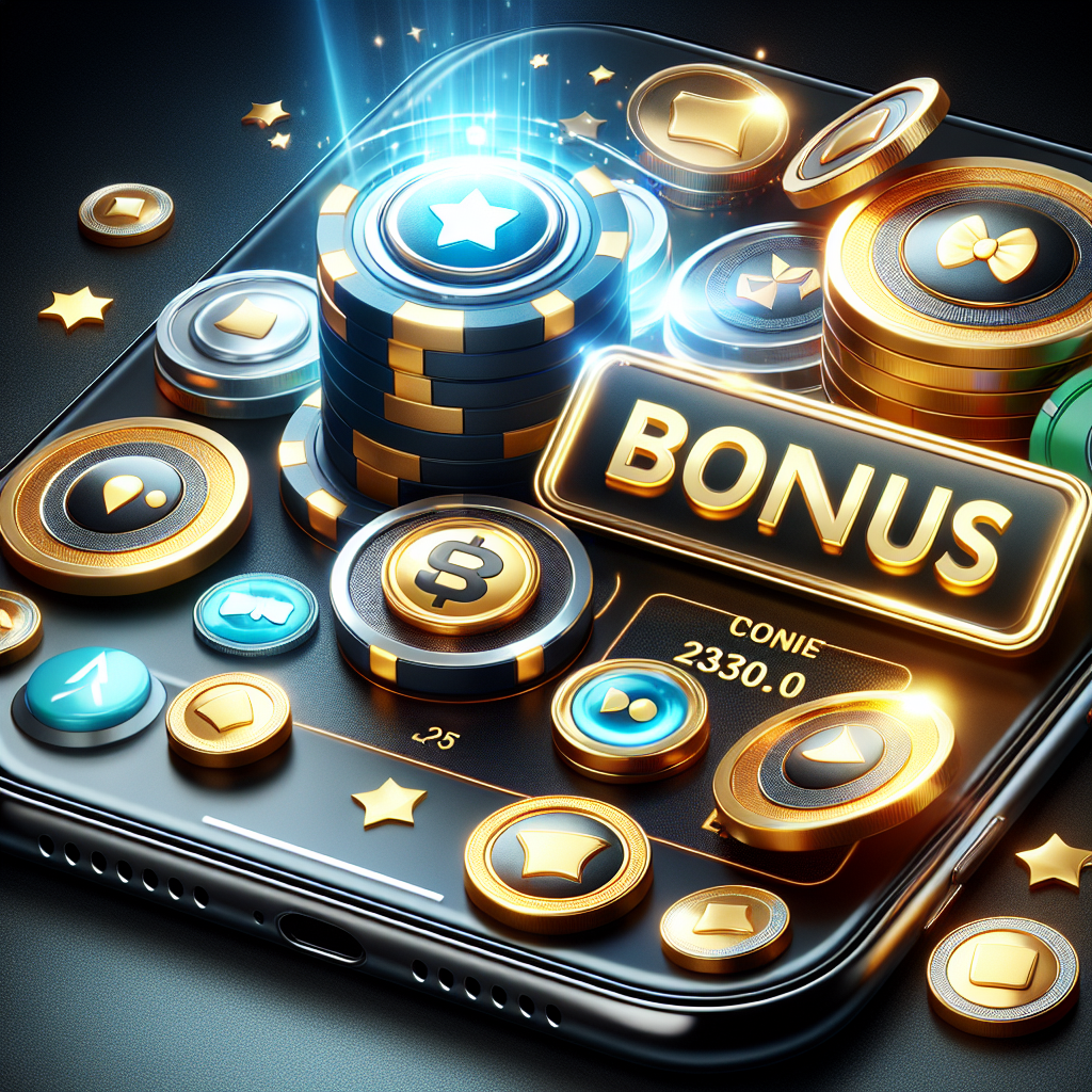 Nærbilde av en casinobonus-illustrasjon: digitale spillebrikker, et mobilgrensesnitt med bonusikon og glitrende mynter, moderne og profesjonelt fotorealistisk